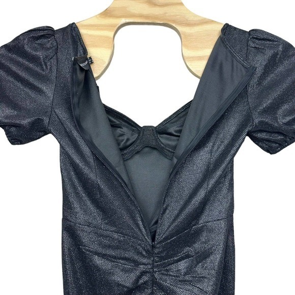 PrettyLittleThing Black Glitter Ruched Puff Sleeve Cup Detail Bodycon Dress 4 - Picture 3 of 6